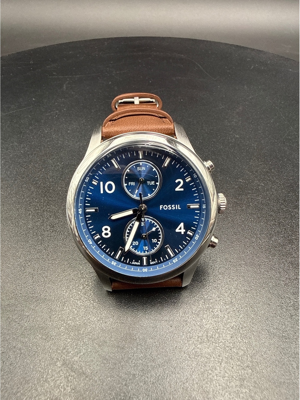Fossil Men's Chronograph Watch with Blue Dial and Brown Leather Strap - Picture 2 of 7